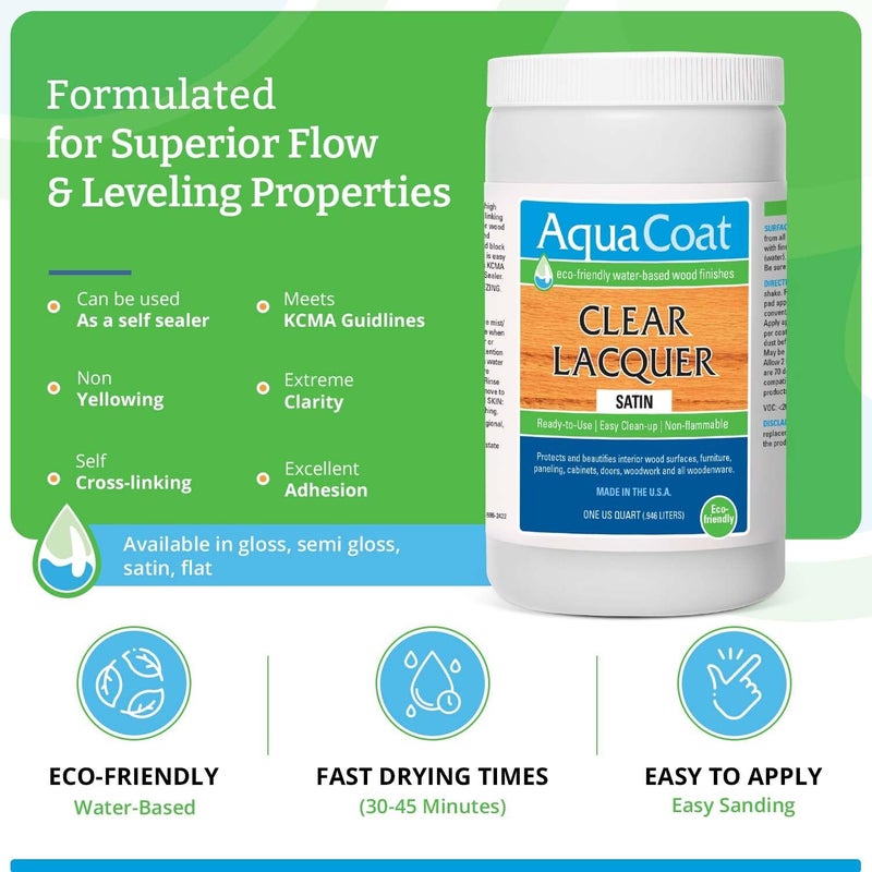 AquaCoat Aqua Coat Clear Lacquer in Satin Finish - Premium Water-Based for Wood & Plastic - Self-Cross-Linking, Fast-Drying, Non-Yellowing, Eco-Friendly - Quart - Image 2